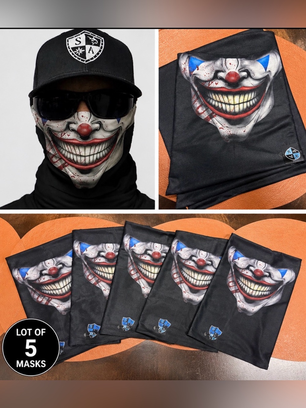 🎃 5 identical SA Company clown neck gaiters Brand New – Lot of 5  Halloween mask